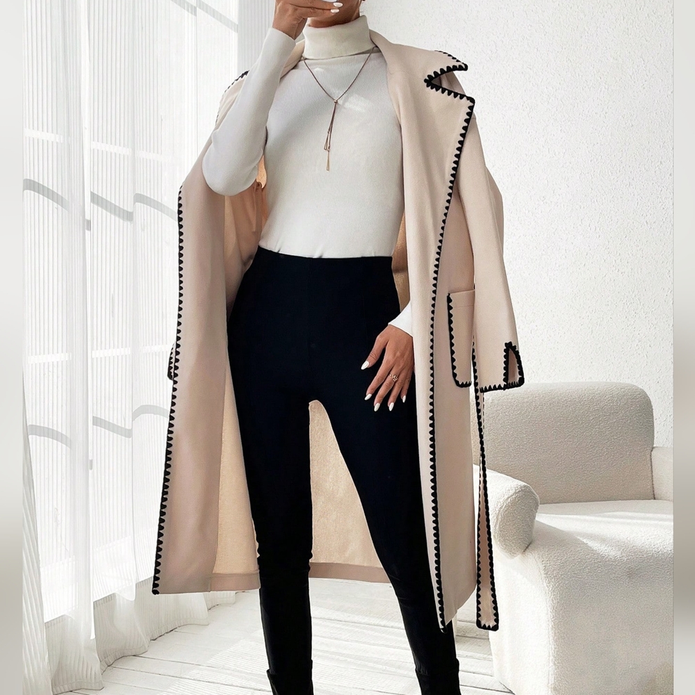Colorblock Edging Belted Woolen Coat With Double Pockets - Picture 2 of 6